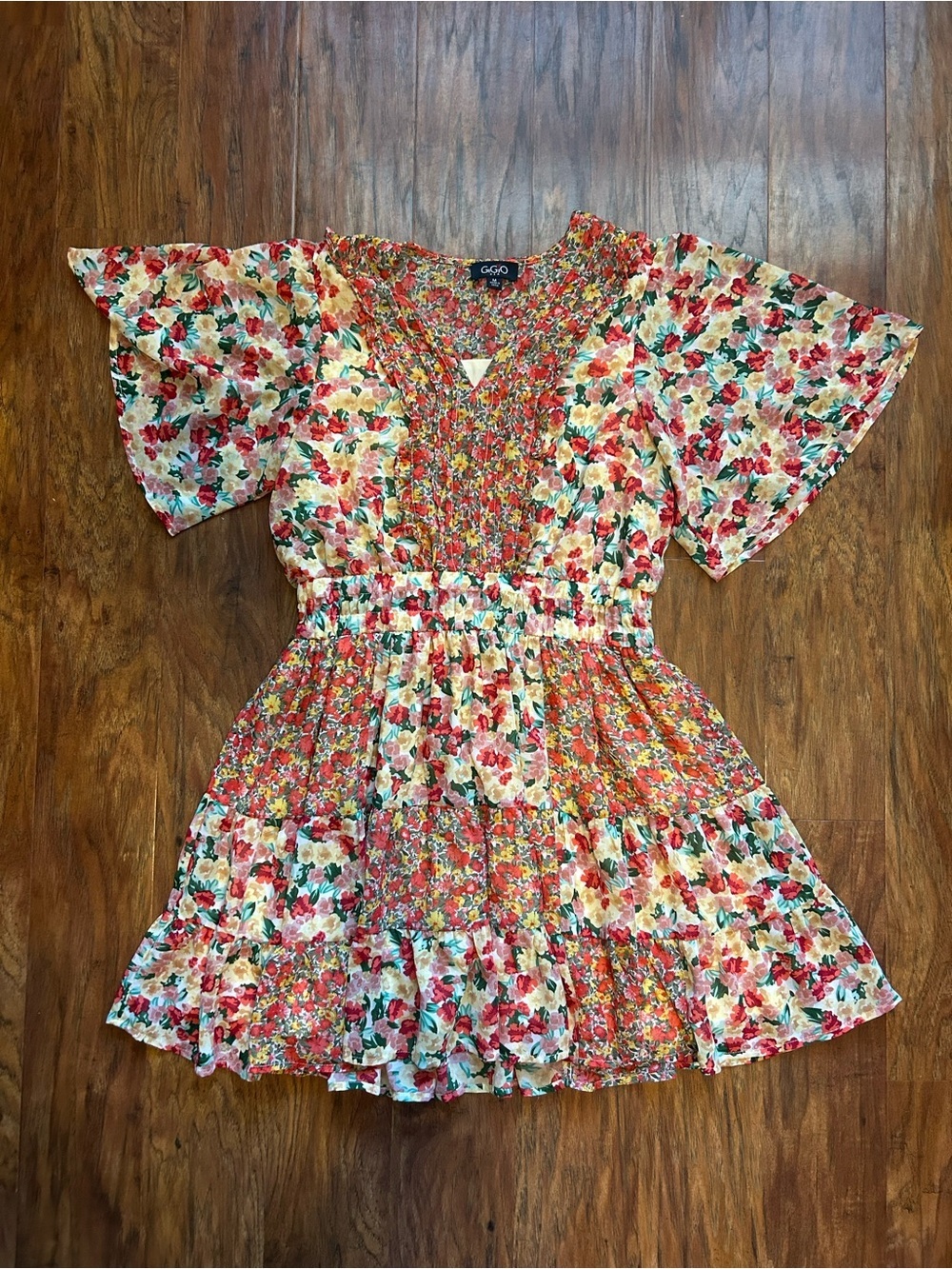Gigio Floral Smocked Mini Dress in Multicolor Flowy Summer Cottage core Miami